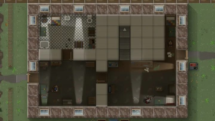 A crew's base: a bed each, lockers, a workbench and the lamps kept low.